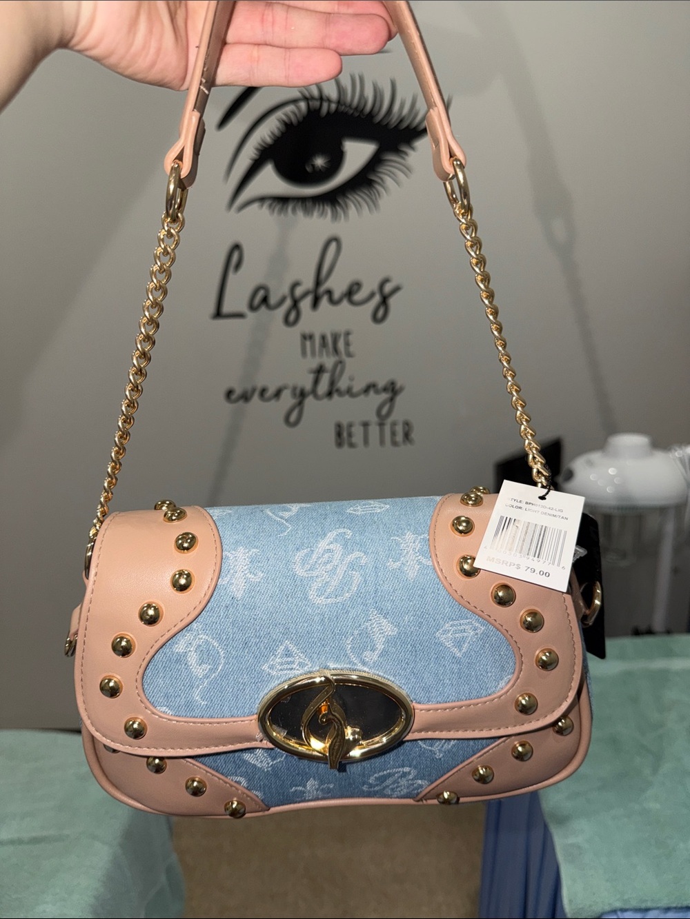 Pink Trim Denim Pattern Shoulder Bag